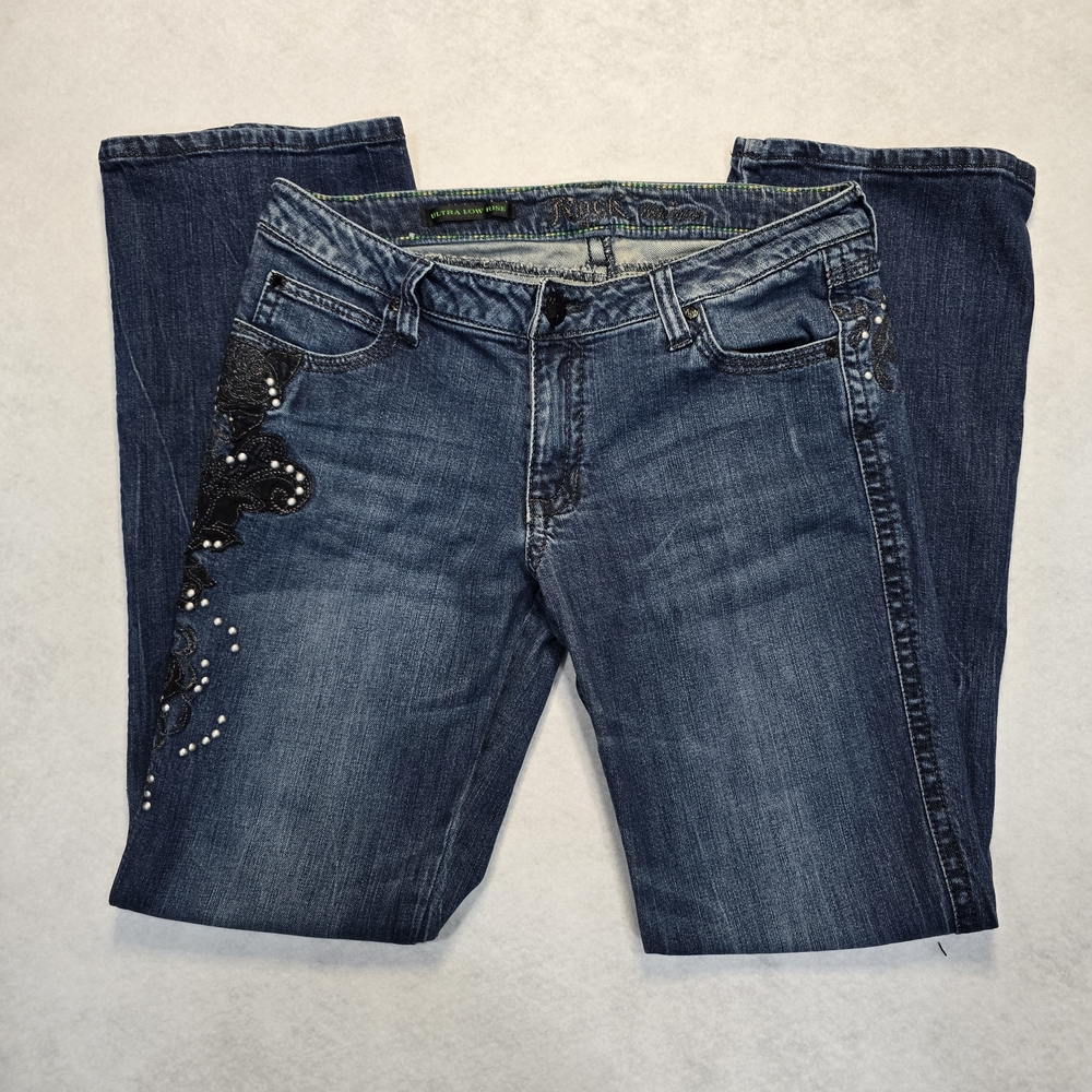 Rock & Roll Cowgirl Dark Blue Bootcut Jeans with Black Embellishment